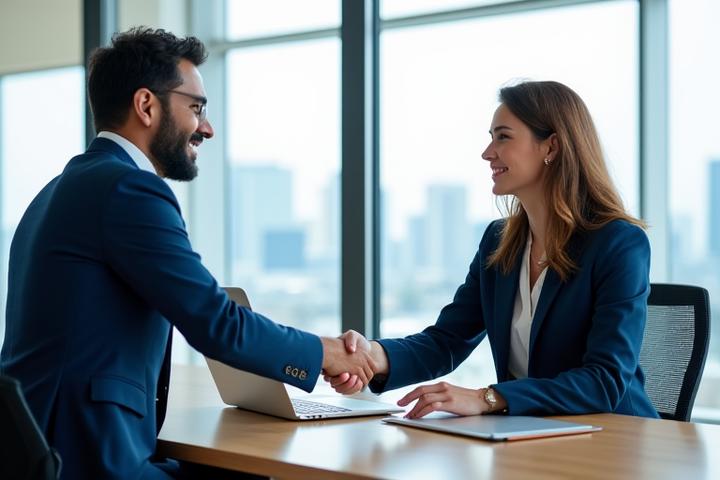 Two diverse professionals shaking hands in a modern, light-filled office, symbolizing partnership and solutions in HR consulting in Toronto.