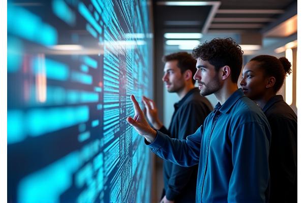 Tech professionals collaborating around a futuristic display, depicting innovation and rapid growth