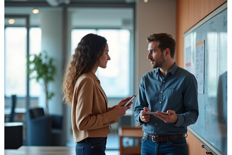 Two diverse professionals engaged in a positive, collaborative discussion, representative of a modern, continuous performance review, in a bright, contemporary office setting.