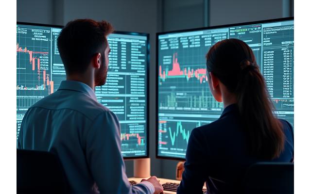 Financial professionals reviewing data on multiple screens